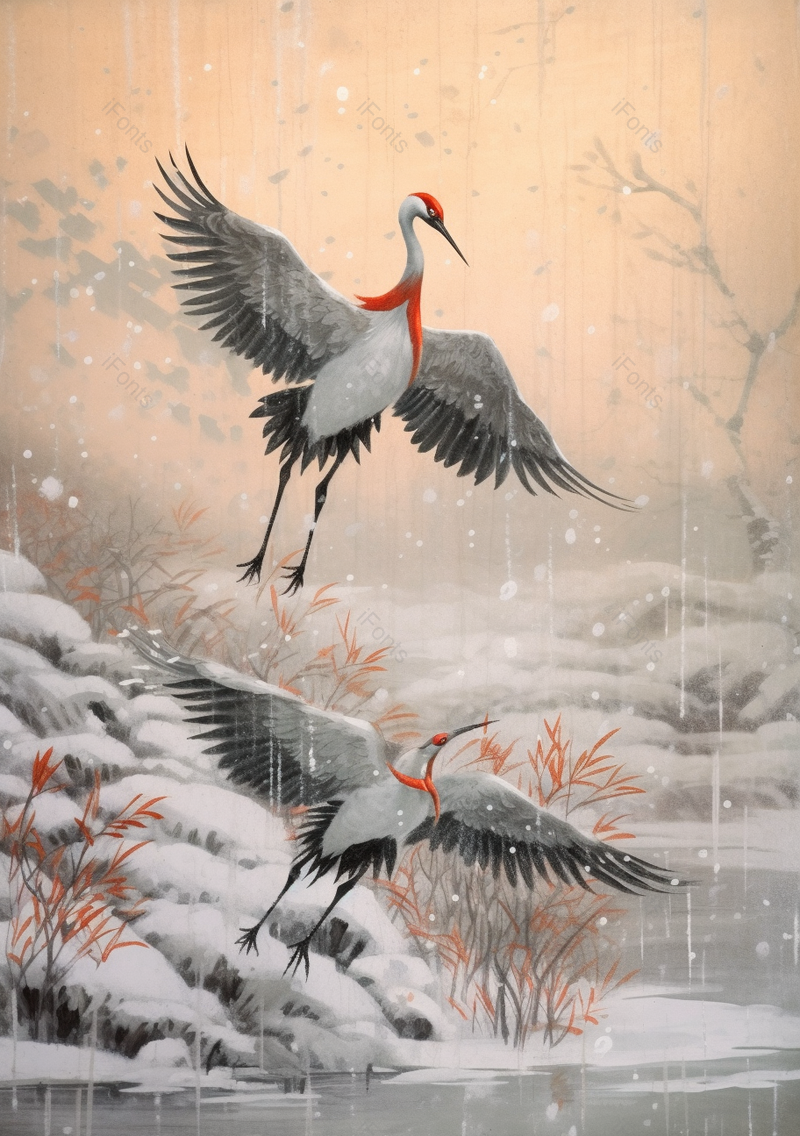 两只仙鹤丹顶鹤飞舞大寒节气国风意境鸟类手绘插画,插画/手绘图,插画/手绘图库,插画/手绘图下载,插画/手绘
